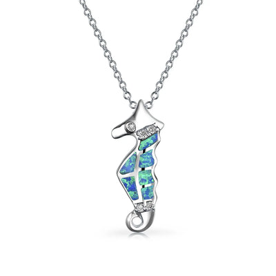 Blue Opal Seahorse Pendant Necklace Sterling Silver Nautical Beach Jewelry - Bling Jewelry