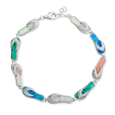 Tropical Beach Multi-Color Flip Flop Strand Bracelet with Created Opal in Silver - Bling Jewelry