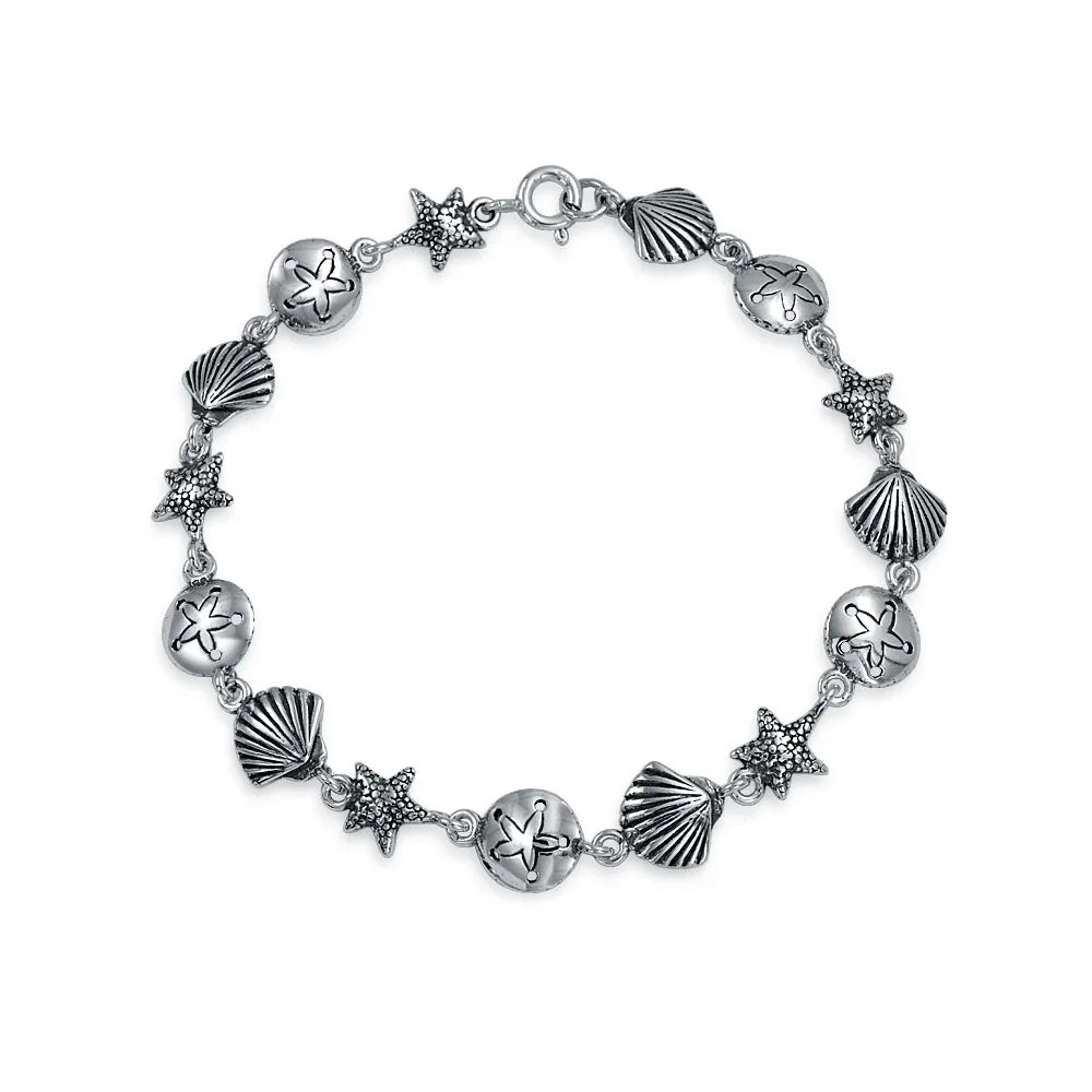 Tropical Beach Nautical Charm Chain Link Bracelet Sterling Silver 7-7.5 Inch - Bling Jewelry