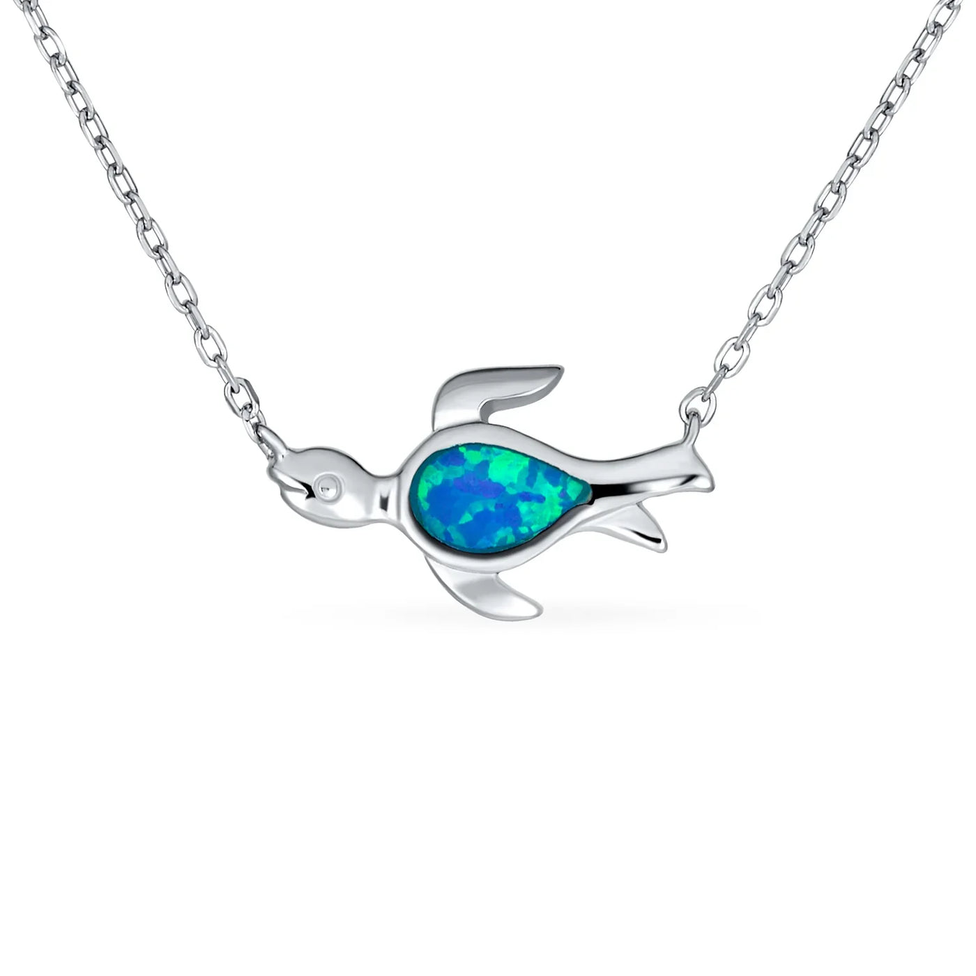 Delicate Nautical Blue Opal Sea Turtle Pendant Necklace in Sterling Silver - Bling Jewelry
