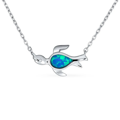 Delicate Nautical Blue Opal Sea Turtle Pendant Necklace in Sterling Silver - Bling Jewelry