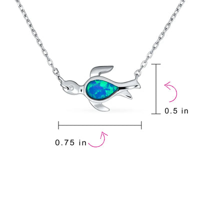 Delicate Nautical Blue Opal Sea Turtle Pendant Necklace in Sterling Silver - Bling Jewelry