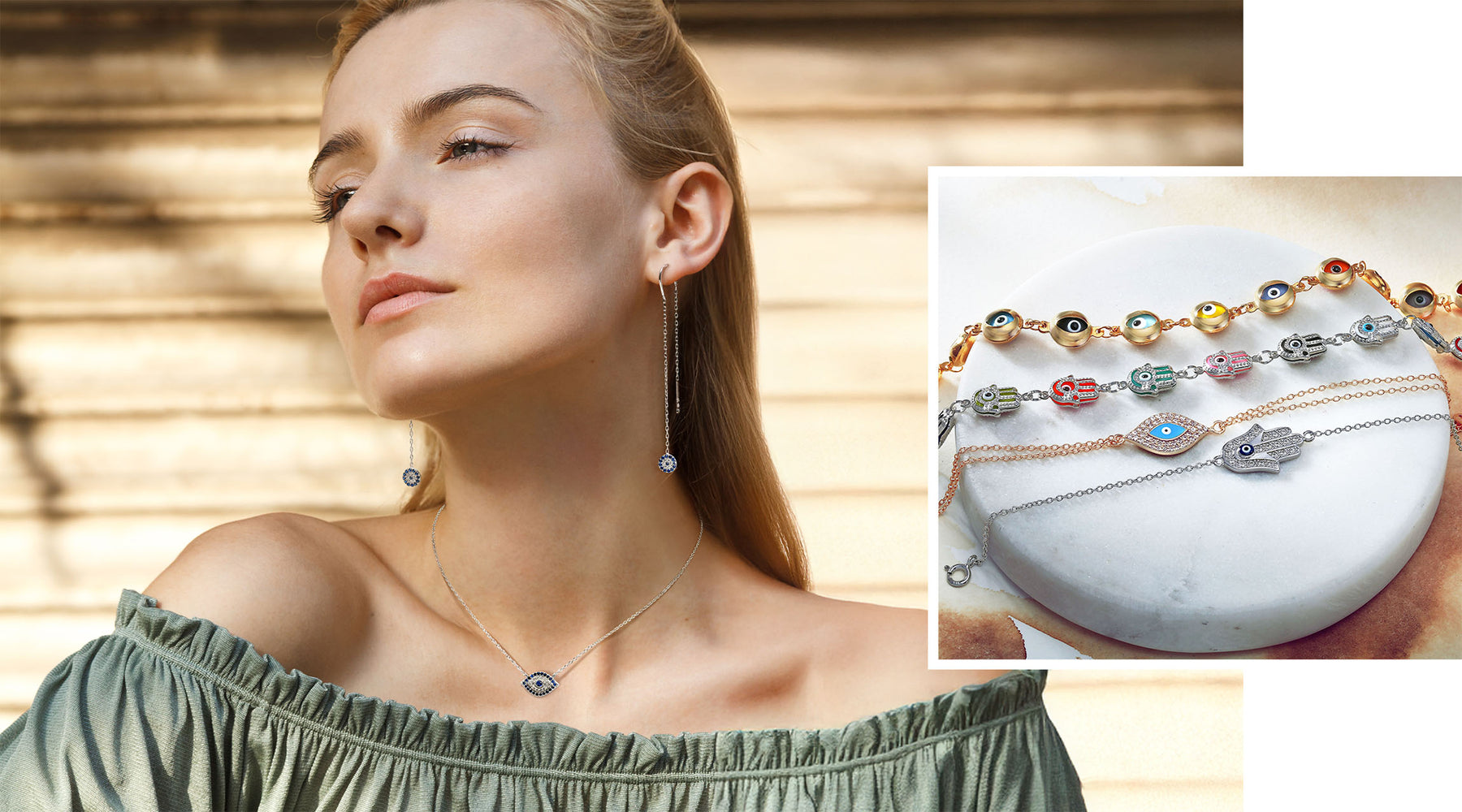 Woman wearing jewelry with a close-up of colorful bracelets on a marble surface.