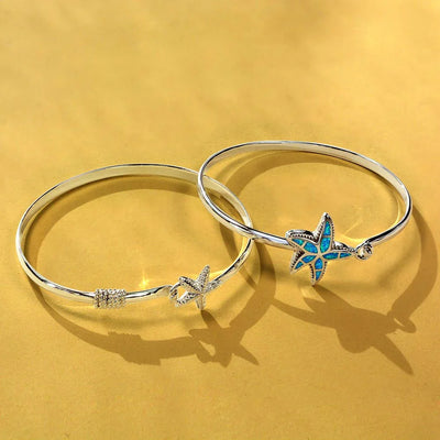 Nautical Starfish Blue Opal Bangle Bracelet in Polished Sterling Silver - Bling Jewelry