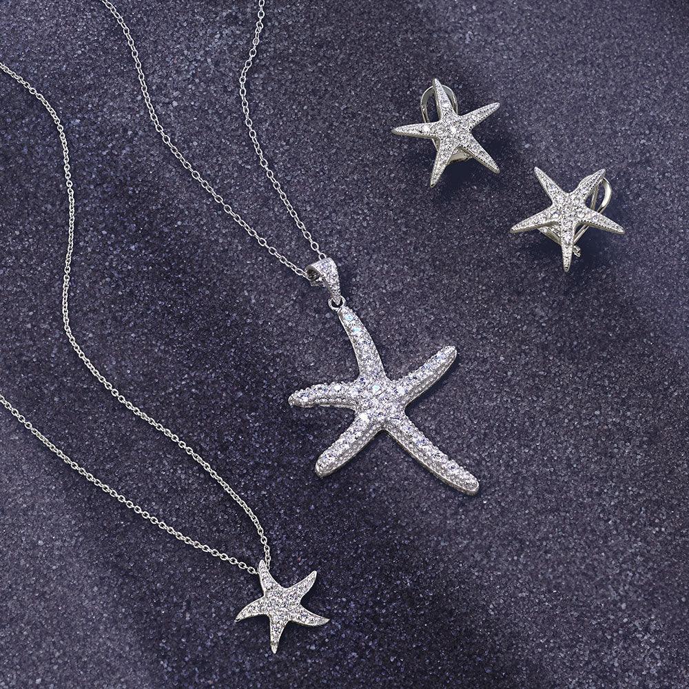 Nautical Beach Small Starfish Pave CZ Pendant Necklace Sterling Silver 0.55 Inch - Bling Jewelry