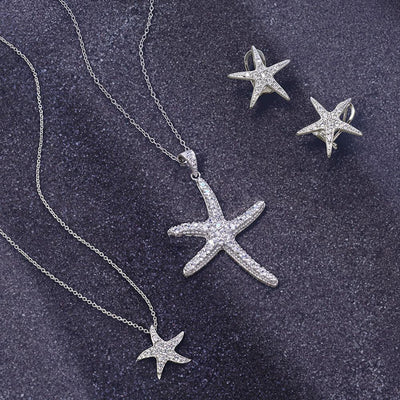 Nautical Beach Small Starfish Pave CZ Pendant Necklace Sterling Silver 0.55 Inch - Bling Jewelry