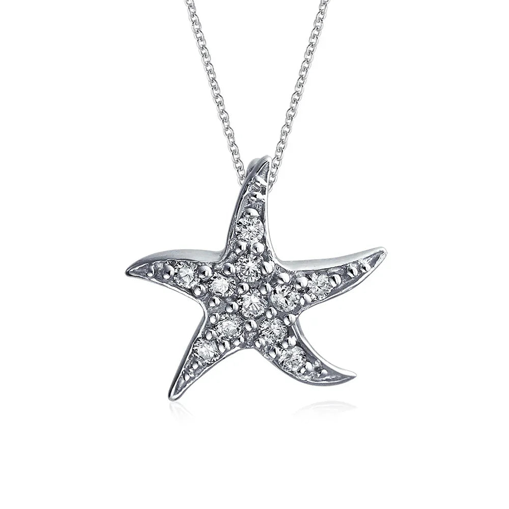 Nautical Beach Small Starfish Pave CZ Pendant Necklace Sterling Silver 0.55 Inch - Bling Jewelry