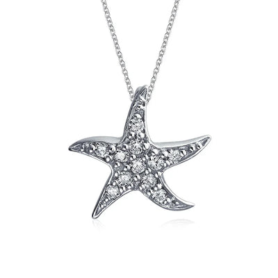 Nautical Beach Small Starfish Pave CZ Pendant Necklace Sterling Silver 0.55 Inch - Bling Jewelry