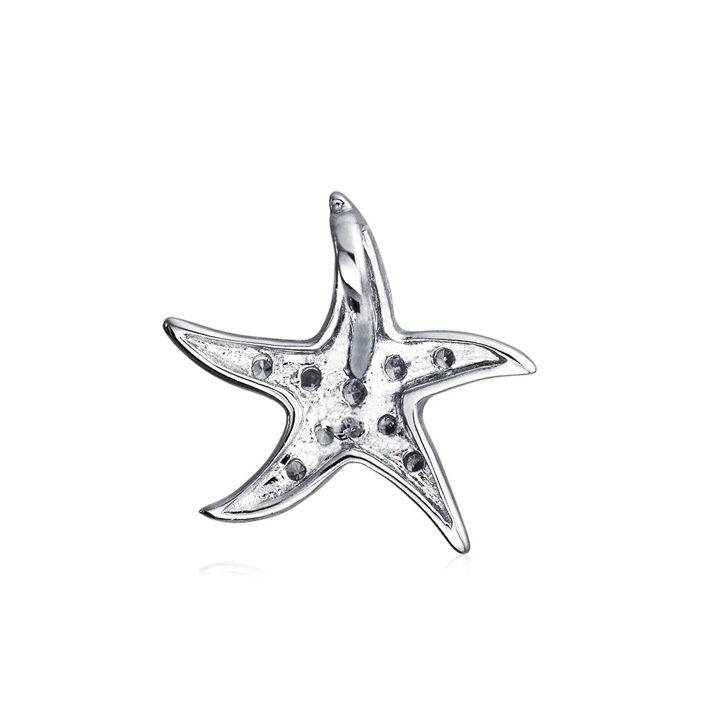 Nautical Beach Small Starfish Pave CZ Pendant Necklace Sterling Silver 0.55 Inch - Bling Jewelry