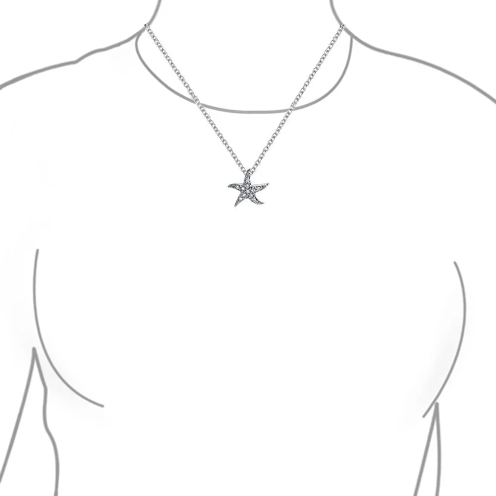 Nautical Beach Small Starfish Pave CZ Pendant Necklace Sterling Silver 0.55 Inch - Bling Jewelry