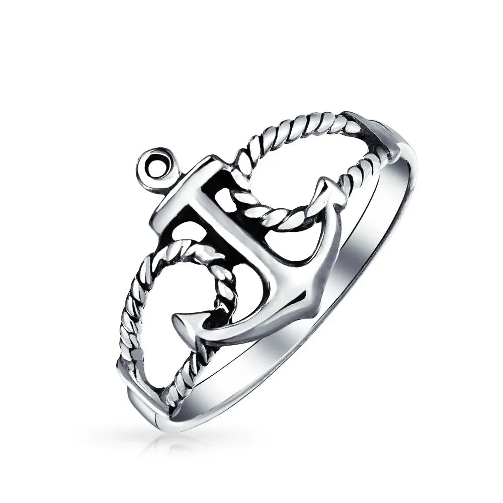 Tropical Beach Nautical Silver Ring with Anchor Band in Oxidized Sterling - Bling Jewelry