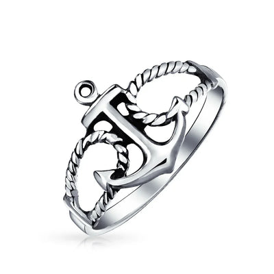 Tropical Beach Nautical Silver Ring with Anchor Band in Oxidized Sterling - Bling Jewelry