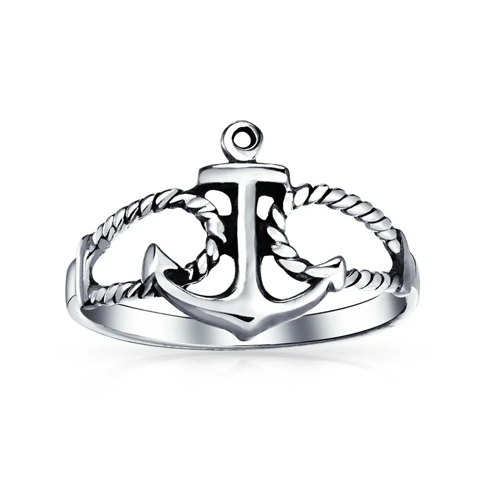 Tropical Beach Nautical Silver Ring with Anchor Band in Oxidized Sterling