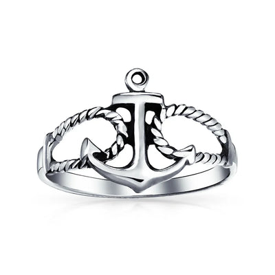 Tropical Beach Nautical Silver Ring with Anchor Band in Oxidized Sterling