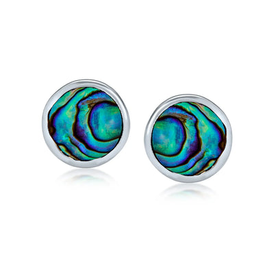 Round Bezel Set Abalone Shell Stud Earrings in Sterling Silver, 7MM - Bling Jewelry