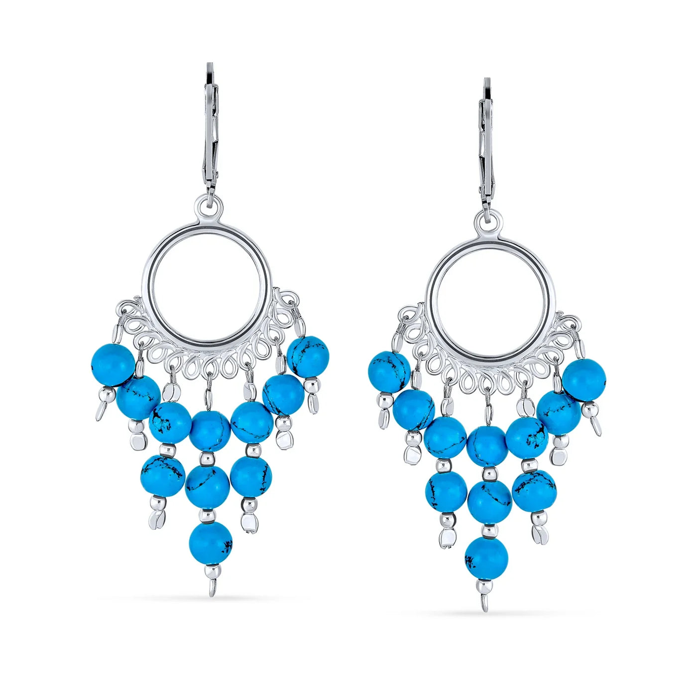 Western Boho Dangle Gemstone Earrings with Blue Turquoise Fringe Tassel Beads - Bling Jewelry