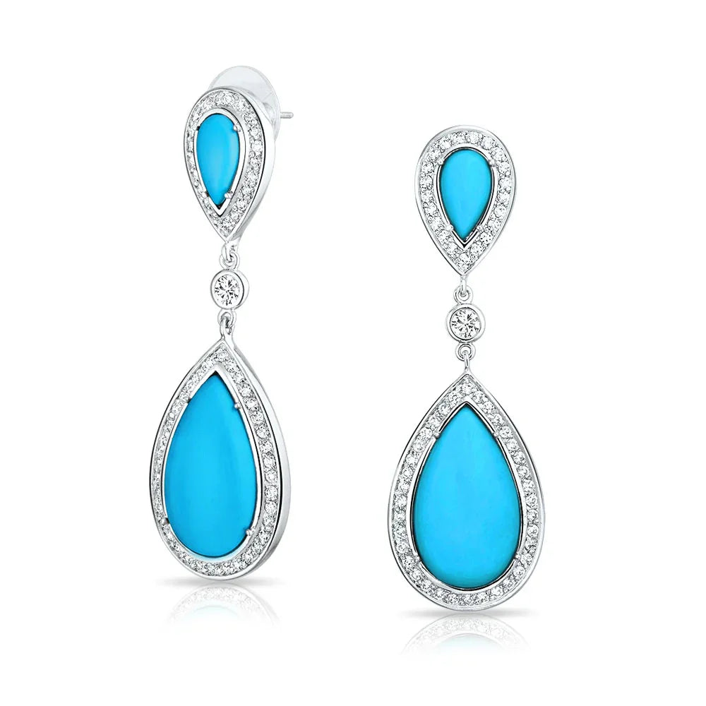 Blue Pear CZ Halo Turquoise Dangle Chandelier Earrings Silver Plated Teardrop - Bling Jewelry