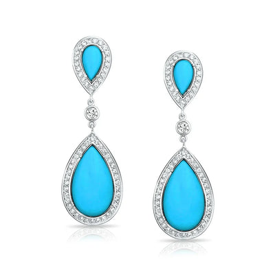 Blue Pear CZ Halo Turquoise Dangle Chandelier Earrings Silver Plated Teardrop - Bling Jewelry