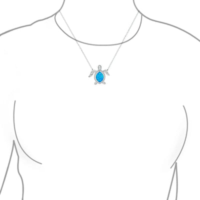 Nautical Blue Opal Inlay Sea Turtle Pendant Necklace Sterling Silver Birthstone - Bling Jewelry