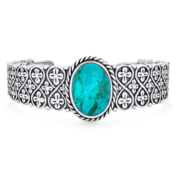 Southwestern Turquoise Gemstone Cuff Bracelet Sterling Silver Lattice Design - Bling Jewelry