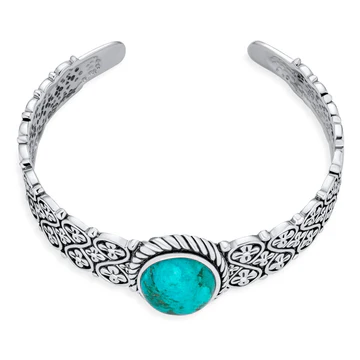 Southwestern Turquoise Gemstone Cuff Bracelet Sterling Silver Lattice Design - Bling Jewelry